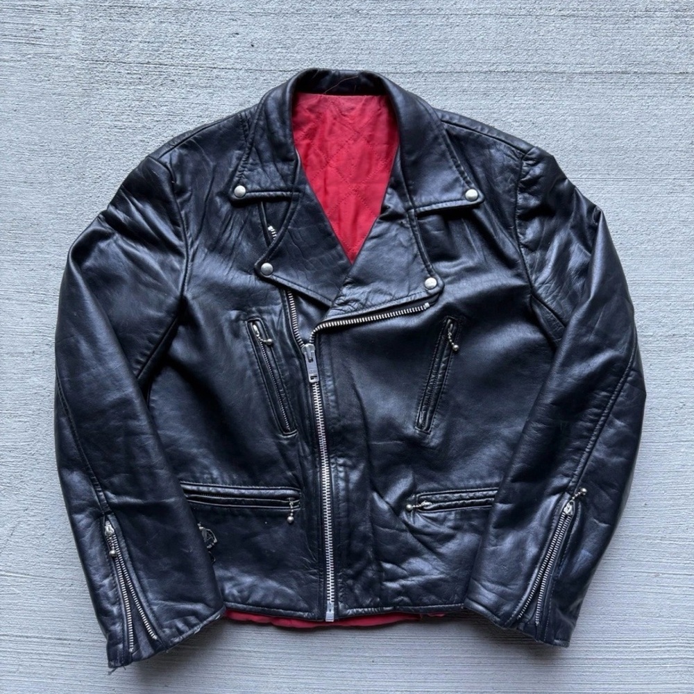 Men's Black Leather Bomber Jacket with Red Lining